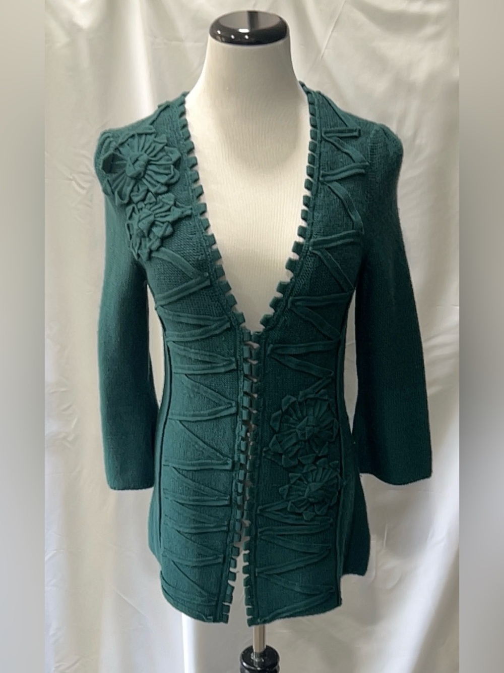 Anthropologie Charlie & Robin Green Wool 3D Floral Applique Cardigan Sweater S